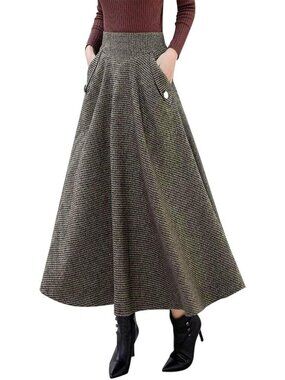 Women's Khaki Fall Winter High Waisted Wool Plaid A-line Long Pocket Maxi Skirt